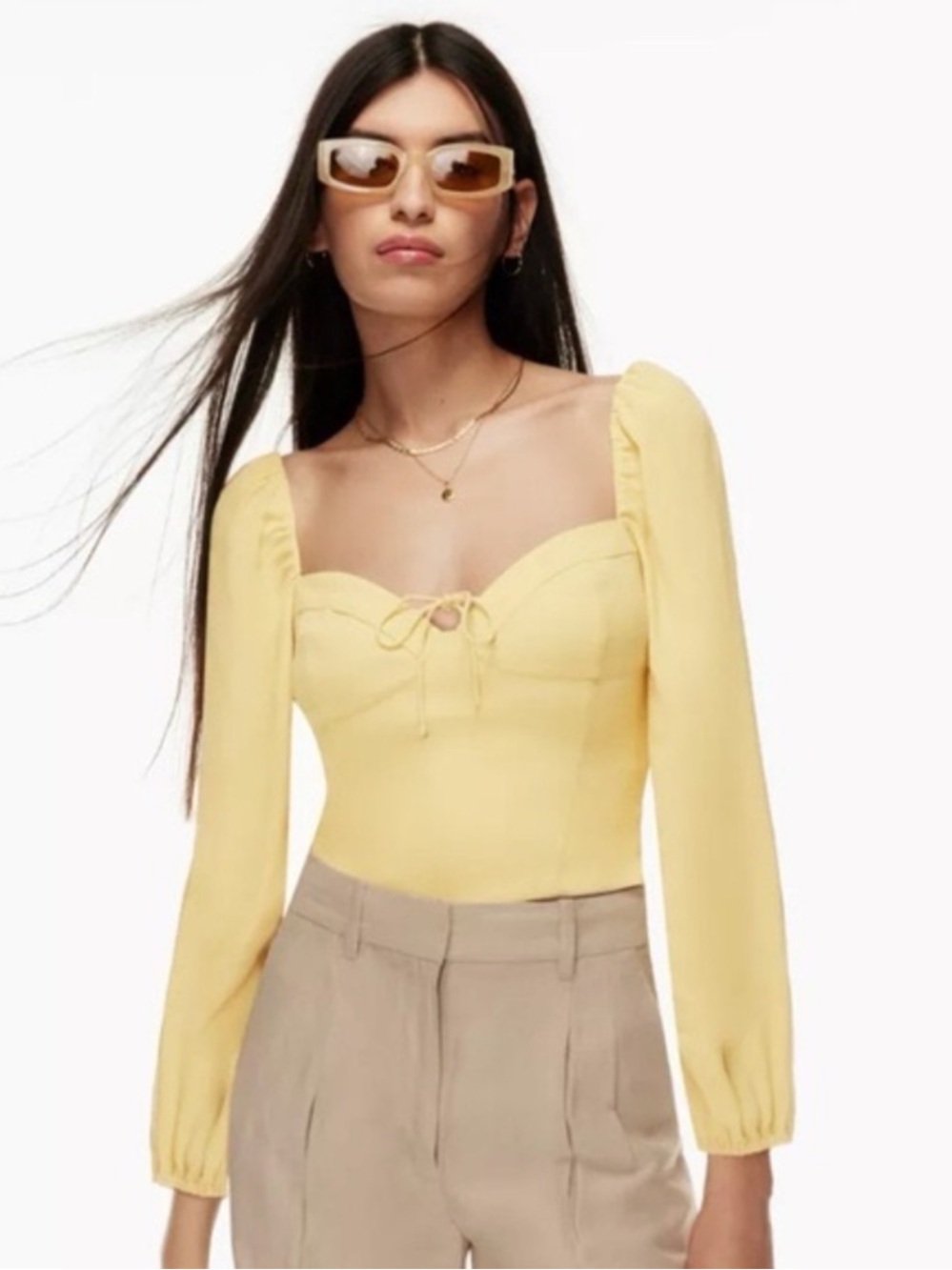 Aritzia Wilfred Novella Blouse - Wheat Cream-Yellow Crepe Long Sleeve Top